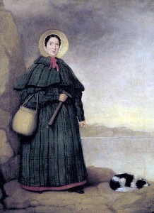 Portrait of Mary Anning with her dog Tray and the Golden Cap outcrop in the background, Natural History Museum, London. 