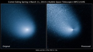 Left:Hubble Space Telescope picture of comet C/2013 A1 Siding Spring photographed March 11, 2014. Right: When the glow of the coma is subtracted through image processing, Hubble resolves what appear to be two jets of dust coming off the nucleus in opposite directions. Credit: NASA, ESA, and J.-Y. Li (Planetary Science Institute)