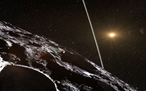 Artist’s impression of what the rings of the asteroid Chariklo would look like from the small body’s surface. Credit: ESO/L. Calçada/Nick Risinger (skysurvey.org)