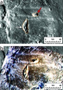 Two pyroclastic vents on the floor of Mercury’s Kipling crater, top, would likely not have survived the impact; they are more recent. The false color image of the same spot, bottom, marks pyroclastic material as brownish red.