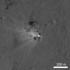 LADEE impact site on the eastern rim of Sundman V crater, the spacecraft was heading west when it impacted the surface. The image was created by ratioing two images, one taken before the impact and another after the impact. (NASA/GSFC/Arizona State University)