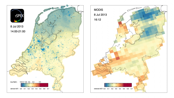 iSPEX map compiled from all iSPEX measurements performed in the Netherlands on July 8, 2013, between 14:00 and 21:00 (left), compared to the AOT data from the MODIS Aqua satellite, which flew over the Netherlands at 16:12 local time (right).