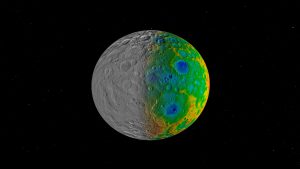 Scientists with NASA’s Dawn mission were surprised to find that Ceres has no clear signs of truly giant impact basins. This image shows both visible (left) and topographic (right) mapping data from Dawn. Credit: NASA/JPL-Caltech/SwRI.