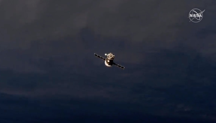 The Soyuz MS-14 spacecraft departs the International Space Station.