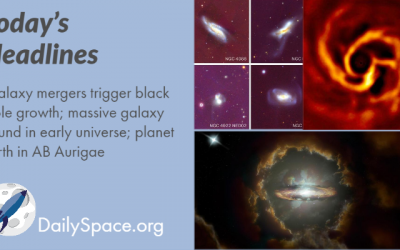 Galaxy mergers trigger black hole growth; massive galaxy found in early universe; planet birth in AB Aurigae