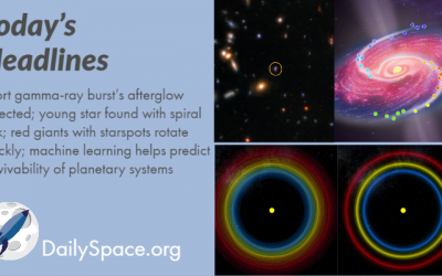 Short gamma-ray burst’s afterglow detected; young star found with spiral disk; red giants with starspots rotate quickly; machine learning helps predict survivability of planetary systems