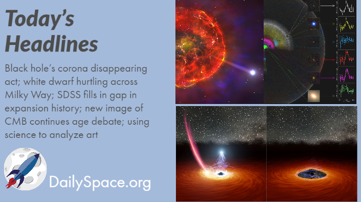 Black hole’s corona disappearing act; white dwarf hurtling across Milky Way; SDSS fills in gap in expansion history; new image of CMB continues age debate; using science to analyze art