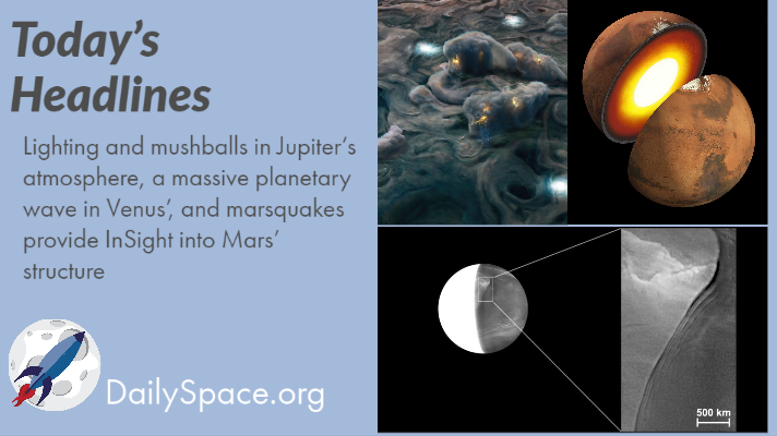 Lighting and mushballs in Jupiter’s atmosphere, a massive planetary wave in Venus’, and marsquakes provide InSight into Mars’ structure