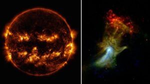 the sun like a face, and a nebula shaped like a hand