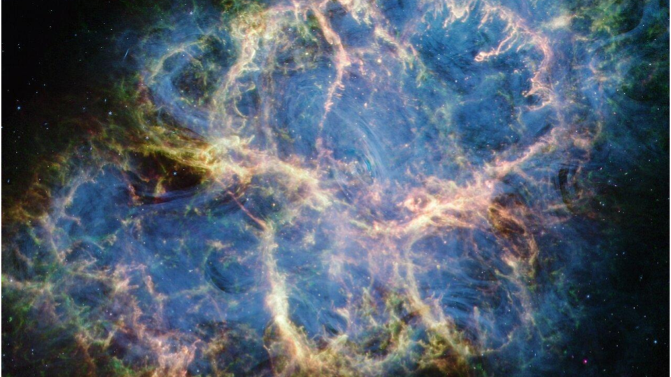 The Crab nebula, a supernova remnant, has lacy structure in new image from the JWST. Credit:
NASA, ESA, CSA, STScI, T. Temim (Princeton University)
