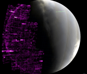 An image of Mars from MAVEN that shows ultraviolet aurora over the night side of the red planet.