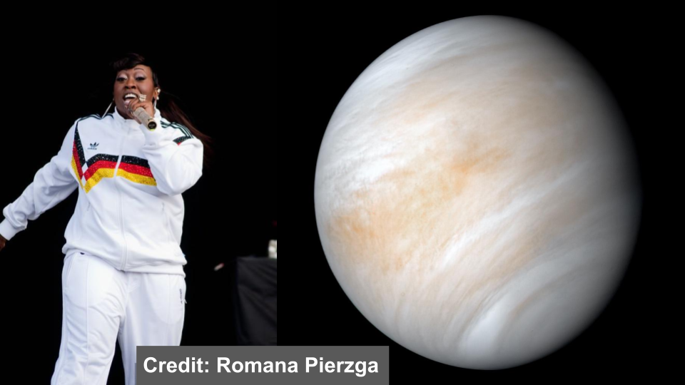 a composite image of Missy Elliott and the planet venus