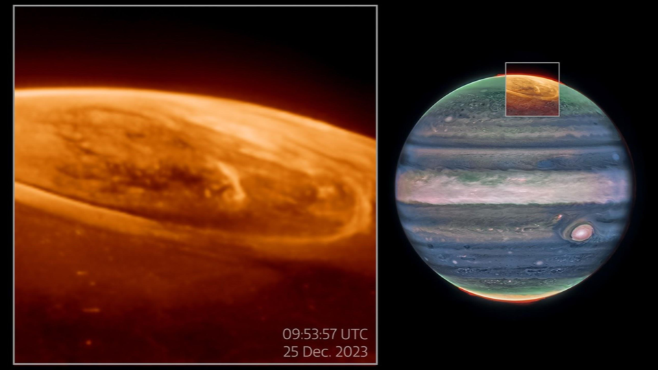 On the right is the planet Jupiter as seen in near-infrared light. Its clouds are dark blue and white in colour, with some red spots within the clouds, while its poles are tinged with green, yellow and red. A box over the north pole is overlain with more data in shades of orange, displaying aurorae as arcs and rings on the planet. To left, this area is shown larger in size and captioned “09:53:57 25 Dec. 2023”.