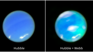 At the left, an enhanced-color image of Neptune from NASA’s Hubble Space Telescope. At the right, that image is combined with data from NASA’s James Webb Space Telescope. The cyan splotches, which represent auroral activity, and white clouds, are data from Webb’s Near-Infrared Spectrograph (NIRSpec), overlayed on top of the full image of the planet from Hubble’s Wide Field Camera 3. (Credit NASA)