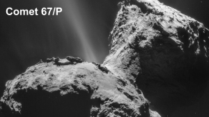 An image of comet 67P with a massive jet coming from a neck of ice between two boulder shaped ends.