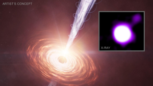 ACcording to Chandra: This release is supported by an artist's illustration of a jet blasting away from a supermassive black hole.
The black hole sits near the center of the illustration. It resembles a black marble with a fine yellow outline. Surrounding the black hole is a swirling disk, resembling a dinner plate tilted to face our upper right. This disk comprises concentric rings of fiery swirls, dark orange near the outer edge, and bright yellow near the core.
Shooting out of the black hole are two streaky beams of silver and pale violet. One bright beam shoots up toward our upper right, and a second somewhat dimmer beam shoots in the opposite direction, down toward our lower left. These beams are encircled by long, fine, corkscrewing lines that resemble stretched springs.
This black hole is located 11.6 billion light-years from Earth, much earlier in the history of the universe. Near this black hole, the leftover glow from the big bang, known as the cosmic microwave background or CMB, is much denser than it is now. As the electrons in the jets blast away from the black hole, they move through the sea of CMB radiation. The electrons boost the energies of the CMB light into the X-ray band, allowing the jets to be detected by Chandra, even at this great distance.
Inset at our upper righthand corner is an X-ray image depicting this interaction. Here, a bright white circle is ringed with a band of glowing purple energy. The jet is the faint purple line shooting off that ring, aimed toward our upper right, with a blob of purple energy at its tip.